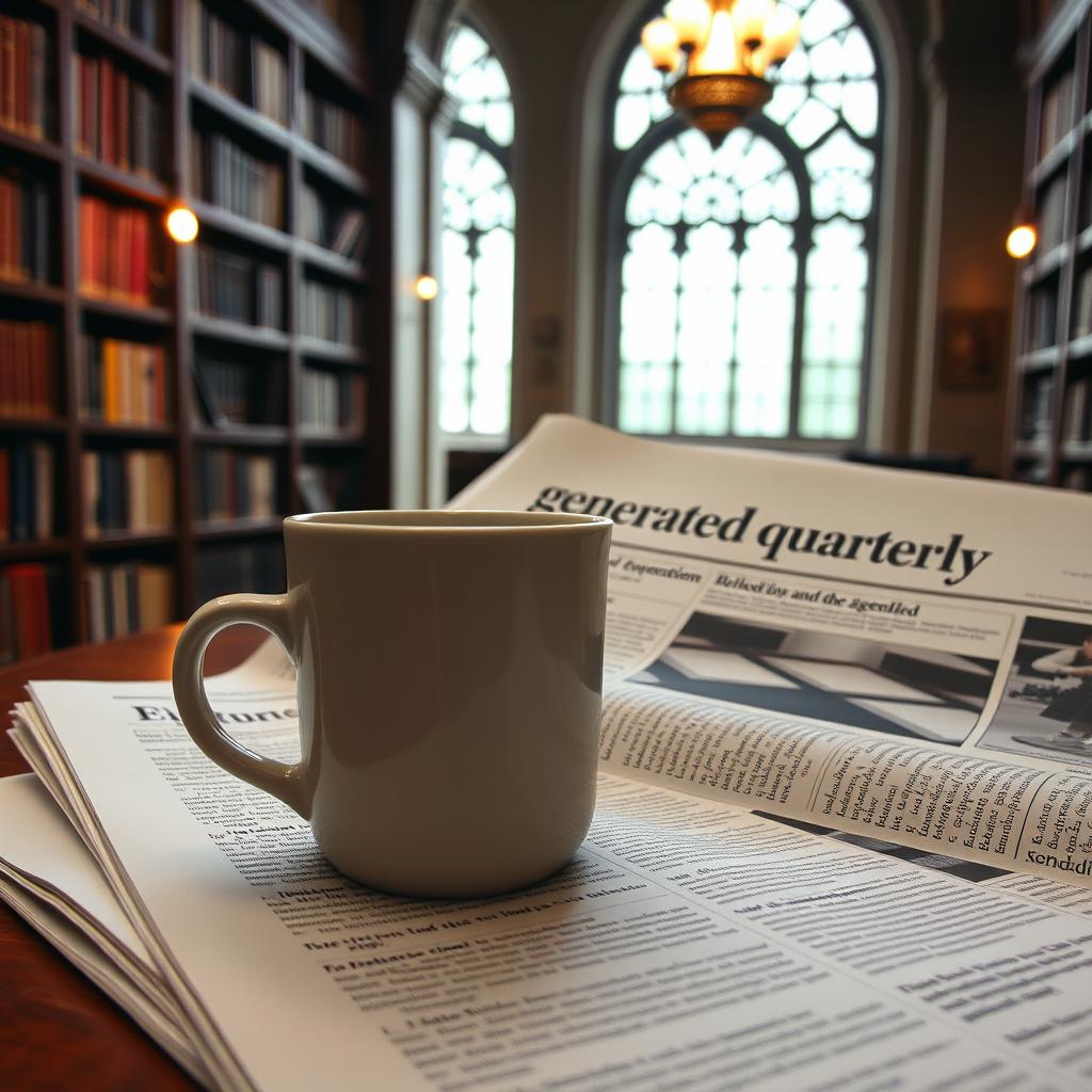 flux.schnell prompt: a coffee cup next to a newspaper in a moody library. the newspaper is titled "generated quarterly"